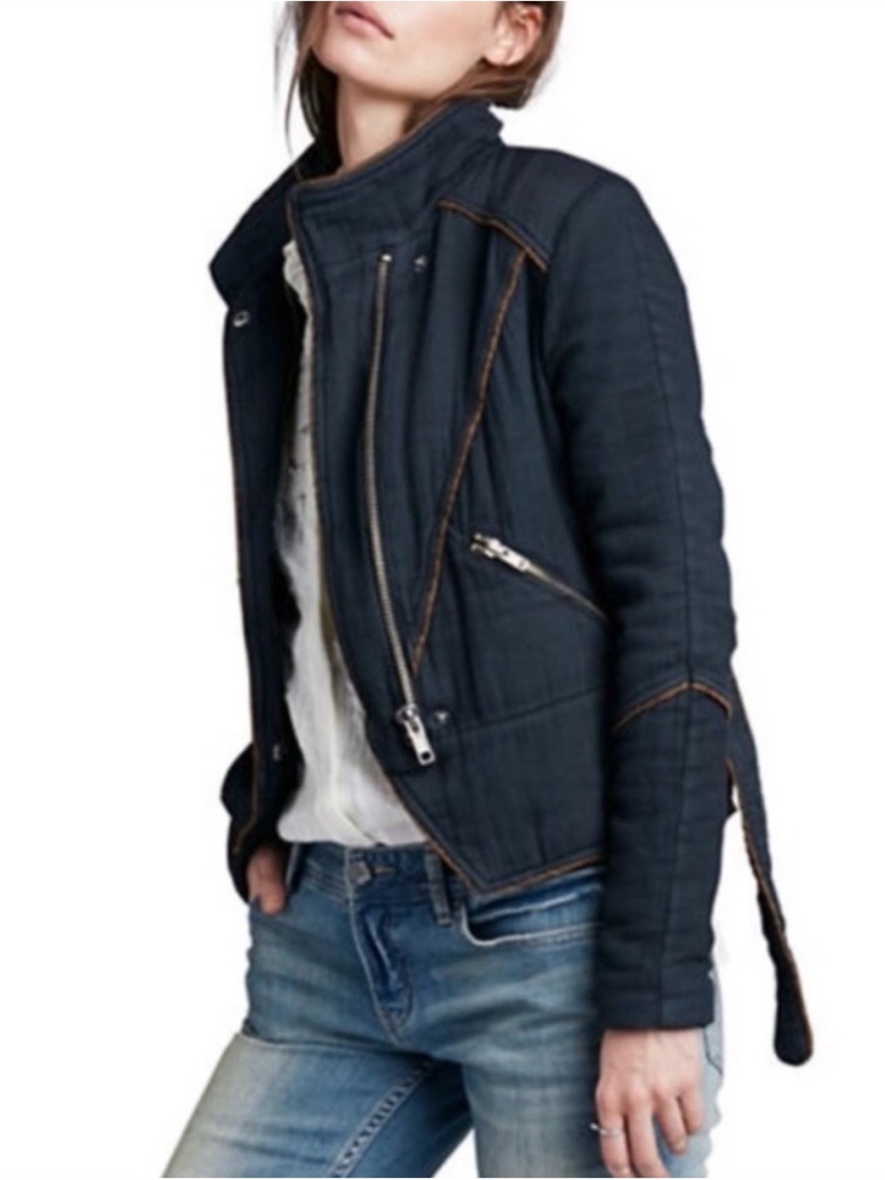 Free People Navy Quilted Tie Jacket